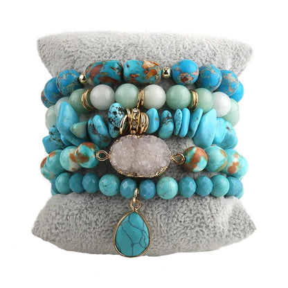 Yomisa 5PCS Natural Boho Beaded Bracelets for Women Men,Healing Turquoise Jasper Agate Crystal Gemstone Stone Diamond Chakra Multilayer Wrap Bohemian Handmade Jewelry Beads Stretch Bracelet Set