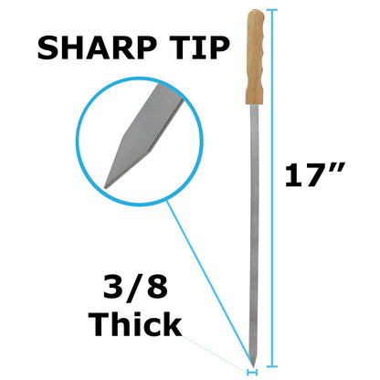Blue Brazilian Skewers - 17 Inch Stainless Steel Kabob Skewers with Wooden Handle, 12 Pack BBQ Grilling Accessories