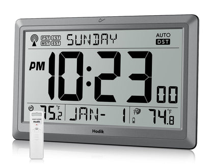 HODIK Wall Clock Atomic with Indoor Outdoor Temperature Battery Powered, Easy Reading with 10.5 Inch LCD Display, 330FT Range Table Wall Clock with DST, 12/24 Hour for Living Room Kitchen (Silver)
