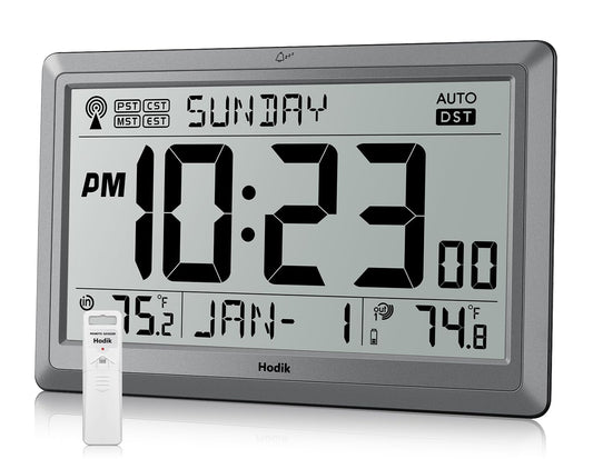 HODIK Wall Clock Atomic with Indoor Outdoor Temperature Battery Powered, Easy Reading with 10.5 Inch LCD Display, 330FT Range Table Wall Clock with DST, 12/24 Hour for Living Room Kitchen (Silver)