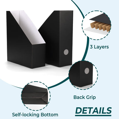 EXYGLO 12 Pack Black Magazine File Holder, Cardboard Magazine Rack with Label, Foldable Storage Organizer Box for Book, Documents, 9.9x3.3x12 Inches