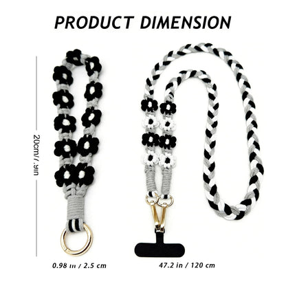 HuanHengOn 2PCS Handmade Bohemian Daisy Wristlet Keychain & Necklace Set, Boho Bag Charm & Shoulder Strap, Lanyard for Car Keys, Phone, USB Drive, Ideal Gift for Women & Girls