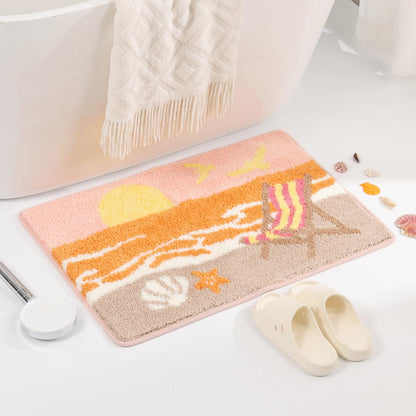 Cute Beach Bath Rug Super Absorbent Non Slip Modern Bathroom Mat Machine Washable Fluffy Carpet for Tub, Shower and Bedroom (Pink Beach, 23"x16")