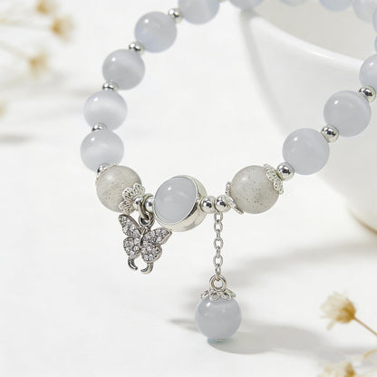 Buddha Stones Butterfly Bracelets for Women, 8mm Cats Eye Stone Bracelet with Gray Moonstone Labradorite Butterfly Charm Healing Crystal Beaded Bracelet Meditation Spiritual Jewelry Mothers Day Gifts