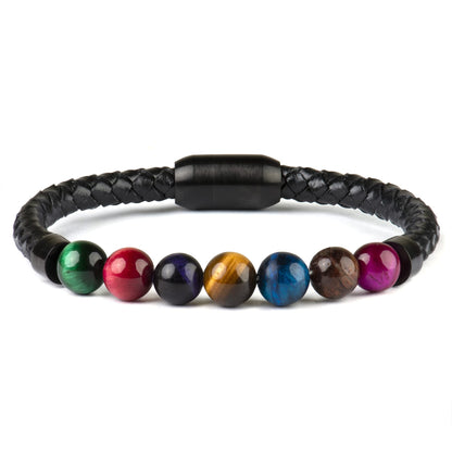 Ckysee 7 Color Tiger Eye Stone Healing Balancing Genuine Leather Beads Bracelet Magnetic Clasp Bracelet 8.5"