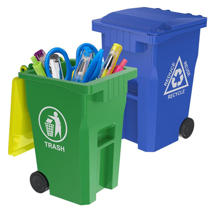 Wiosi Mini Garbage Trash Pen Holder for Desk, Pack of 2, Blue & Green, Tiny Recycle Bin Pencil Holder | Storage for Pencils & Pens | Office Stationery to Organize the Desk | Ideal for Student Work