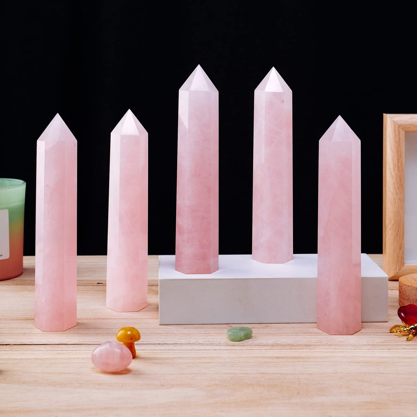 Apengshi Large Rose Quartz Natural Healing Crystal Tower 5.9"-6.3" 6 Faceted Single Point Love Energy Charger Crystal Wand Stone Meditation Home Decor Collection Gift