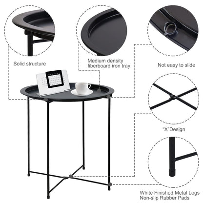 Garden 4 you End Table Metal Side Table Black Round Folding Tray Cyan Sofa Small Accent Fold-able Table, Round End Table Tray, Next to Sofa Table, Snack Table for Living Room and Bed Room