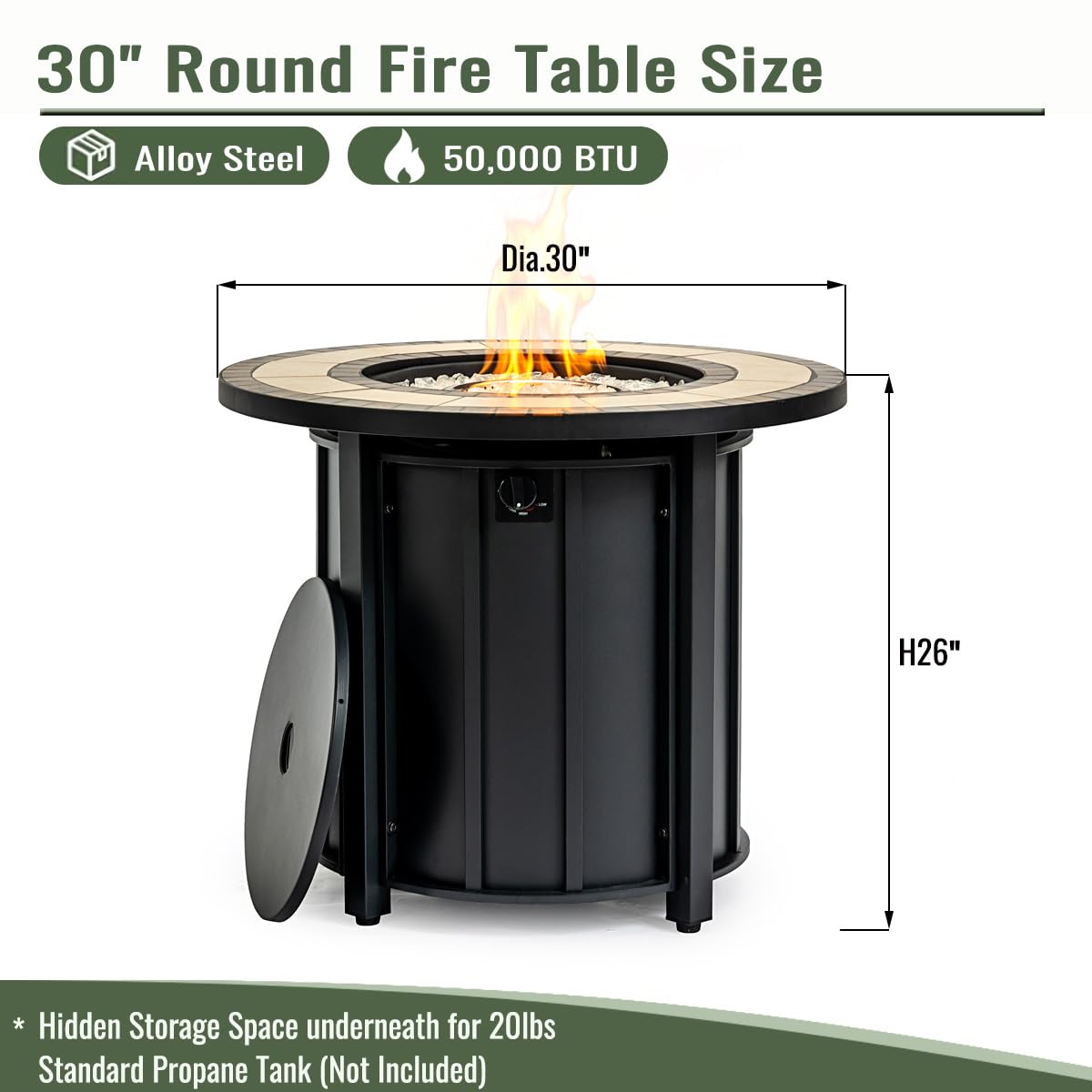 KEIKI 30 Inch Mosaic Ceramic Propane Fire Pit Table, Round Outdoor Gas Fireplace, Steel Patio Heater for Garden Deck