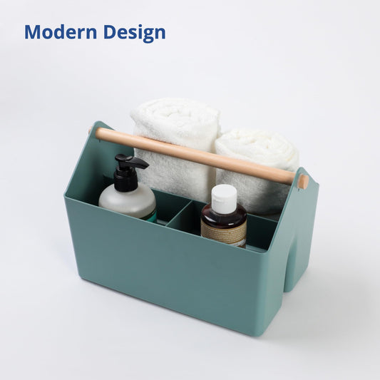 BLUE GINKGO Medium Storage Basket – Plastic Caddy with Wooden Handle for Office, Arts & Crafts, or Home Supplies (Green)