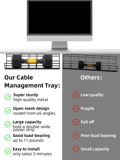 2 Pack DELAMU Under Desk Cable Management Tray, Large Metal Cord Organizer, Office & Home Cord Wire Management Under Desk Shelf, Easy Install Pre-drilled Cable Organizer, Black