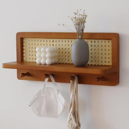 FRIADE PE Rattan Coat Rack Shelf Wall Mounted with 4 Hooks, Decorative Coat Hook Rack with Floating Shelf for Entryway, Nursery, Mudroom, Hallway, Kitchen, Office (Retro Brown)