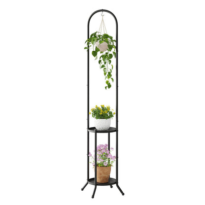Wieghda Metal Plant Stand 2-Tier with Hanging Hook for Indoor Outdoor Plants,Sturdy Steel Plant Shelf Display Rack(Black)