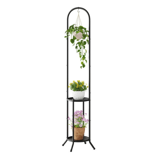 Wieghda Metal Plant Stand 2-Tier with Hanging Hook for Indoor Outdoor Plants,Sturdy Steel Plant Shelf Display Rack(Black)