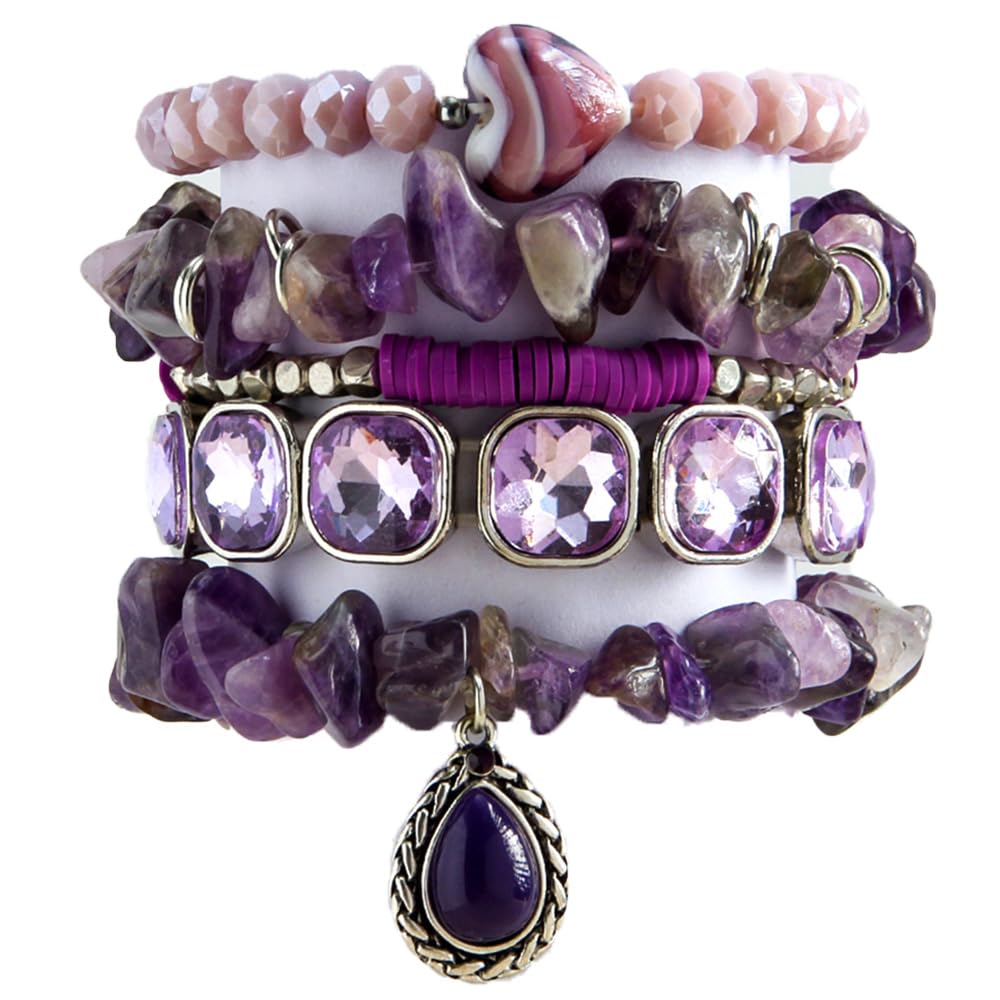 Yomisa Boho Beaded Bracelets for Women,Multilayer Wrap 5PCS Healing Natural Amethyst Stone Bead Bracelets Handmade Stackable Friendship Stretchy Beaded Bracelet Set Trendy Bohemian Jewelry Gift Women