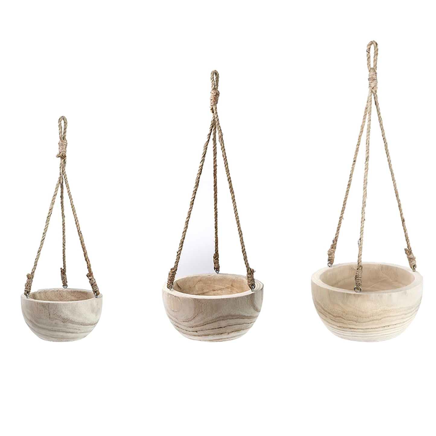 CYS EXCEL Small Wooden Hanging Planter Paulownia Wood Bowl Basket with Jute Rope for Indoor Plants Succulents