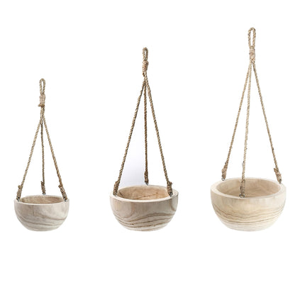CYS EXCEL Small Wooden Hanging Planter Paulownia Wood Bowl Basket with Jute Rope for Indoor Plants Succulents