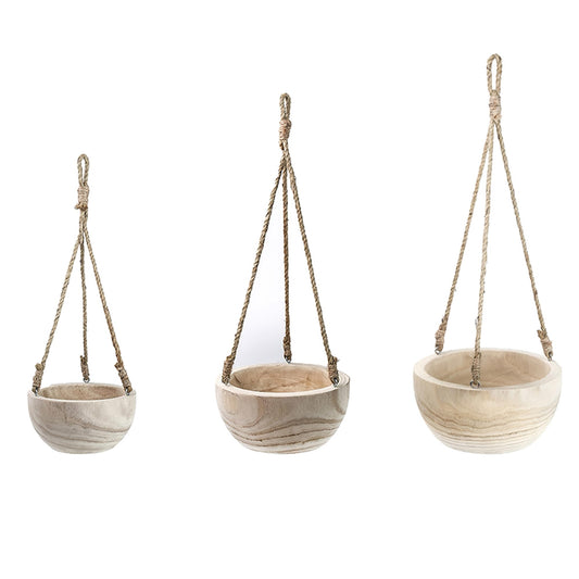 CYS EXCEL Small Wooden Hanging Planter Paulownia Wood Bowl Basket with Jute Rope for Indoor Plants Succulents
