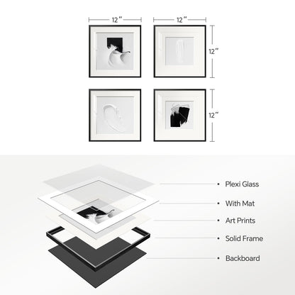 4 Panels Framed Abstract Black and White Wall Art Set, Modern Minimalist Line Print Home Decor, Canvas Pictures Paintings for Living Room Bedroom Bathroom Entryway and Dining Room 12x12 Inches