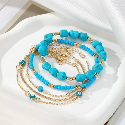 CIWEAI Gold Turquoise Beaded Western Jewelry for Women Fashion Stackable Irregular Turquoise Bead Bracelets Elastic Stack Evil Eyes Bracelet Boho Accessories (AA)