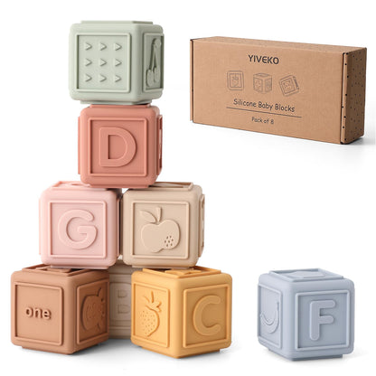 YIVEKO Baby Blocks Stacking for Babies Silicone Soft Building Blocks Teethers Montessori Toys for Babies Education Toys for Toddler Baby 8 PCS-Gentle