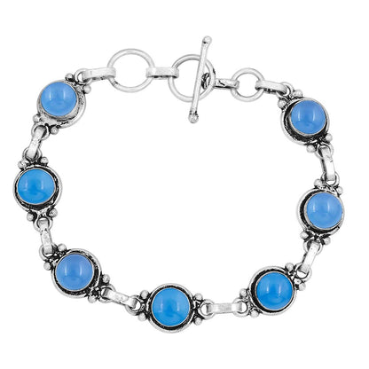 Natural Chalcedony 925 Silver Plated Round Gemstone Bracelet for Women - March Birthstone Vintage Bohemian Style Handmade Link Adjustable Bracelet Gifts for Mom Wife Sister Her