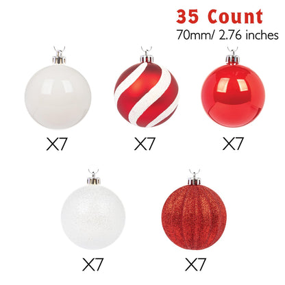Every Day is Christmas Ornaments, Shatterproof Christmas Tree Ornament Set, Christmas Balls Decoration 35 Count (2.75"/70mm, Red White)