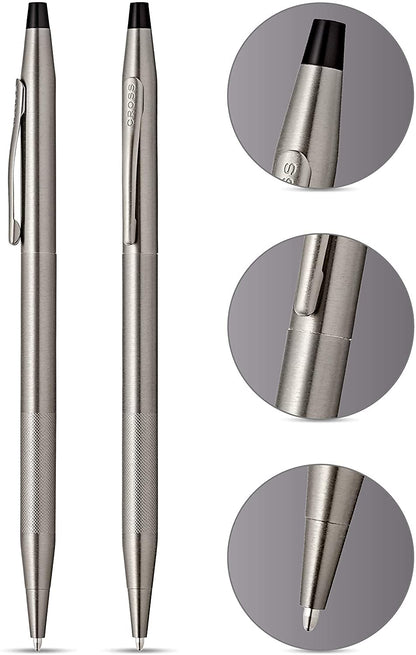 AT CROSS Cross Century Classic Titanium Gray finishes with a Band of Diamond Cut Micro-Knurl Detailing Barrel Ballpoint Pen and 0.7MM Pencil Set