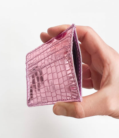 SWEDEY Super Shiny Slim Credit Card Holder Mini Front Pocket Wallet in Mirror Metallic Faux Crocodile pattern (Metalic Pink)