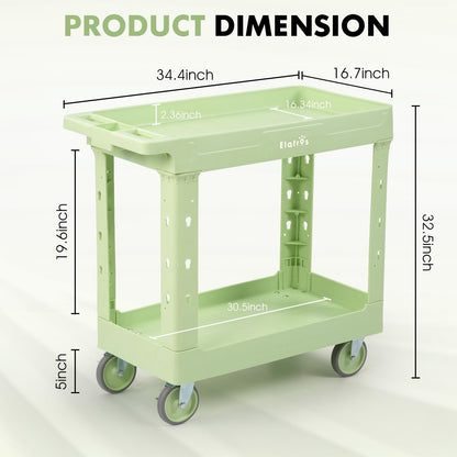 ELAFROS 2-Tier Plastic Utility Cart with Deep Tub Shelves, 34 x 17 in Rolling Work Cart, Swivel Casters, 550 lbs Capacity, Pistachio Green