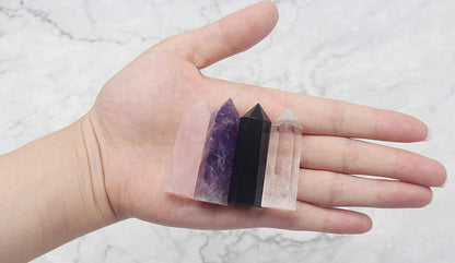 Luckeeper Healing Crystal Wands,2" Amethyst Crystal, Rose Quartz,Clear Quartz and Black Obsidian，6 Faceted Reiki Chakra Stones 4 pcs