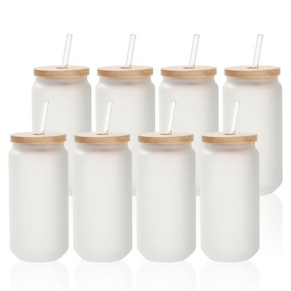 PYD Life 8 Pack Sublimation Glass Cans Blanks Frosted Bulk18 OZ with Bamboo Lid and Clear Glass Straw Beer Cans Wide Mouth Jar Tumbler Cups Mugs for Iced Coffee,Juice,Soda,Drinks,Beer