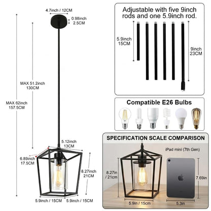 GZJunYo Black Pendant Lights Kitchen Island, 1-Light Farmhouse Kitchen Pendant Lighting Over Island, Metal Cage Island Hanging Lights for Kitchen, Dining Room, Entryway, Hallway, Foyer