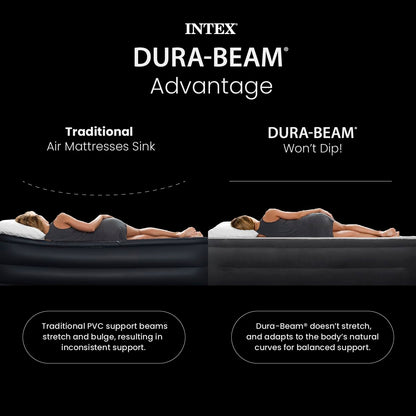 Intex 64449ED Dura-Beam Deluxe Plush Air Mattress with Headboard: Fiber-Tech - Queen Size - Built-in Electric Pump - 18in Bed Height - 600lb Weight Capacity