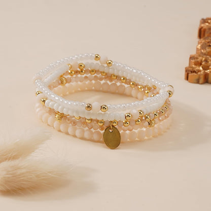 Bohxantium Gold Crystal Beaded Bracelets for Women 14K Gold Plated Beads Ball Bracelet Stack Stretch White Seed Beads Stackable Non Tarnish Trendy Jewelry Prom Birthday Friendship Gift for Women