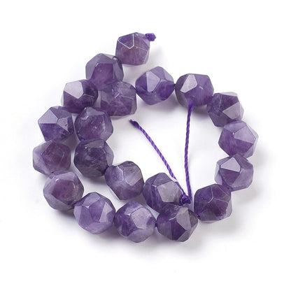 Fashewelry 10mm Natural Amethyst Gemstone Faceted Polygon Crystal Energy Stone Healing Chakra Star Cut Round Spacer Beads for Jewelry Craft Making, 7.8" (About 18pcs)
