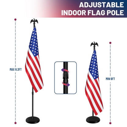 IN WHICH BAY Indoor Flag Pole Kit - Telescoping 6FT-8FT Flag Pole with Base, 3x5 FT Embroidered Stars American Flag,Black Eagle Topper, Black Flagpole and Stand, for Office School City Hall(1Pack)