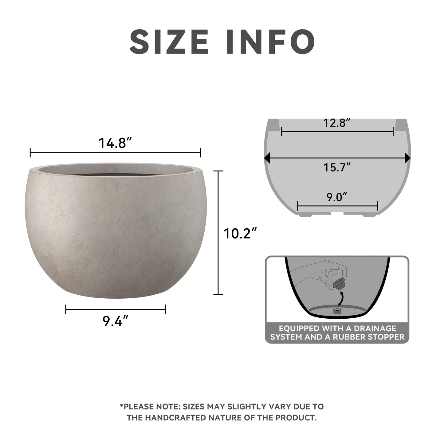 Kante 15.7" Dia Round Concrete Planter, Outdoor/Indoor Large Bowl Plant Pots with Drainage Hole and Rubber Plug for Garden Patio Balcony Home, Weathered Concrete