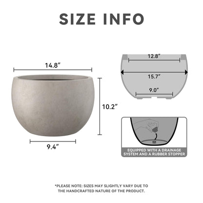 Kante 15.7" Dia Round Concrete Planter, Outdoor/Indoor Large Bowl Plant Pots with Drainage Hole and Rubber Plug for Garden Patio Balcony Home, Weathered Concrete