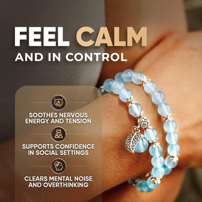 Conscious Items Elegant Calming Crystal Bracelet, Blue Chalcedony Bracelet for Confidence, Inner Peace & Positivity, Crystal Quartz Bracelets for Stress with Silver Leaf Charm for Men & Women