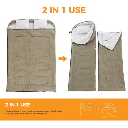NEWBULIG Double Sleeping Bag for Adults with 2 Pillows, XL Waterproof Lightweight Machine Washable Sleep Bag Cold Weather, 3-Season for Camping/Hiking/Backpacking, 2-in-1 Converts to 2 Singles
