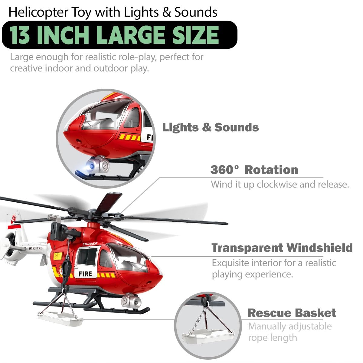 Big Helicopter Toy for Kids Ages 3 4 5 6 7 - Police, Firefighter, EMS & Military Toy Choppers with Spinning Propellers, Hanging Basket, Lights & Sounds - Birthday Party Favors for Boys and Girls