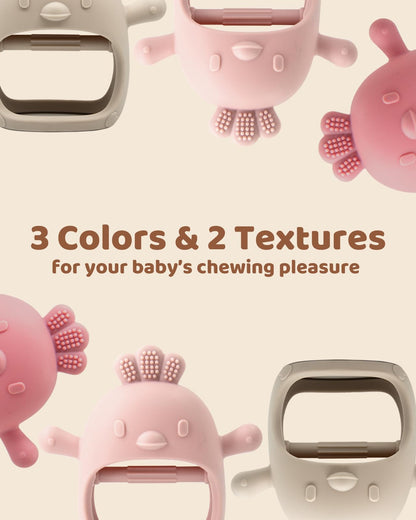 3 Pack Baby Teething Toy Silicone Teething Mitten for Babies Over 3 Months Anti Dropping Wrist Hand Teethers Baby Chew Toys for Sucking Needs, BPA Free (Pink, Caramel & Coral Red)