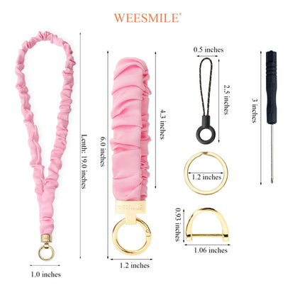 WEESMILE 2 Pcs Retractable Scrunchie Lanyard & Keychain Wristlet, Cute Key Lanyards for ID Badge | Stretchy Neck Lanyard for Women, Teachers (Pink)