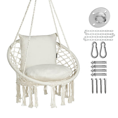 JoyView Macrame Hammock Chair Hanging Swing Chair Max 330 Lbs with 2 Cushions and Hardware Kits for Indoor Outdoor Bedroom Patio Garden - Beige