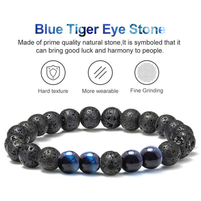 M MOOHAM Natural Bead Bracelet - Gem Semi Precious Stone Round Bead Black Lava Rock Blue Tiger Eye Beads Bracelet Adjustable Bracelets Birthday Gifts for Men