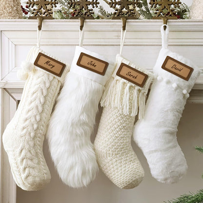 Personalized Christmas Stockings: 4 Pcs 18 Inch White Farmhouse Plush Faux Fur & Cable Knitted Fireplace Xmas Stockings, Rustic Personalized Stocking Hanging Gifts Decorations for Family Holiday Decor