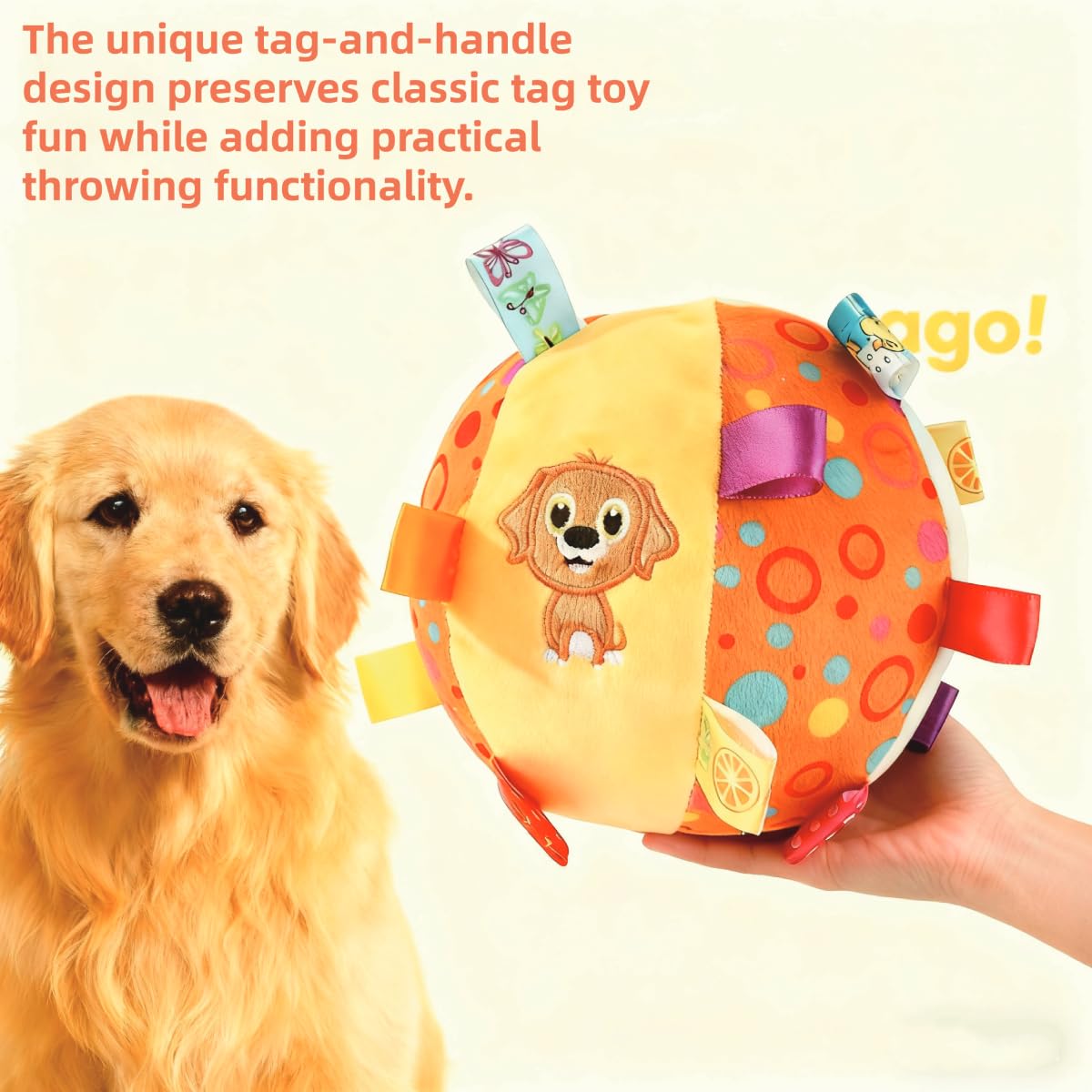 HEAT PAWS Dog Tag Toy，Squeaky Plush Toy,6-Inch Soft Stuffed Cotton Ball, Built-in Bell，Interactive Retrieval Toy for Puppies & Small Medium Dogs, Puppy Play Gym & Busy Toys