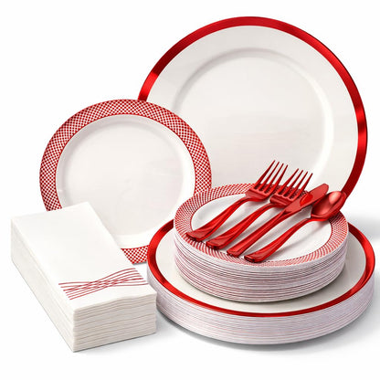 By Madee HEAVYWEIGHT 175 Pc White and Red Disposable Dinnerware Set – Fancy Plastic Plates for Party, Wedding & Bridal Shower (Serves 25)