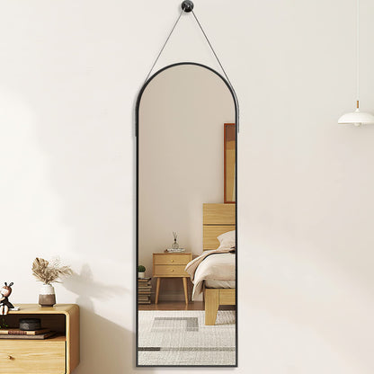 OGCAU 16''x48'' Arched Full Length Mirror for Wall, Full Body Arched-Top Hanging Mirror or Wall Mounted in Bedroom, Living Room, Aluminum Alloy Frame with Straps (Black)